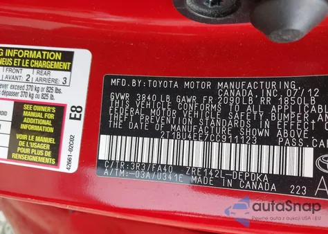 2012 Toyota Corolla L from USA, damaged, VIN 2T1BU4EE7CC911123